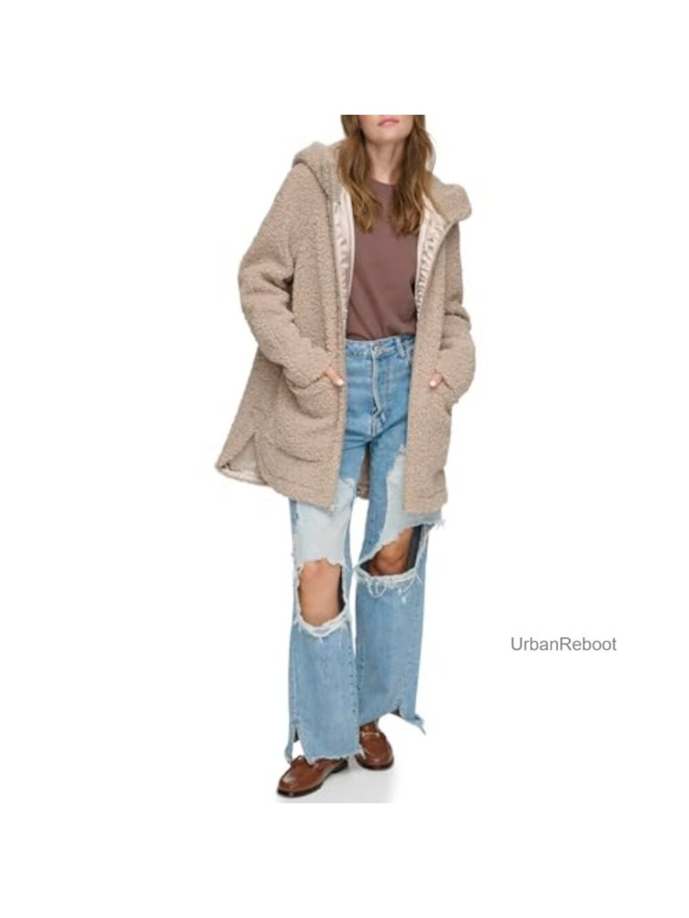 Faux Fur Teddy Coat Zip Front Hooded Relaxed Fit Winter